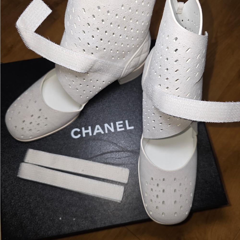 CHANEL Cream Perforated Strap Shoes